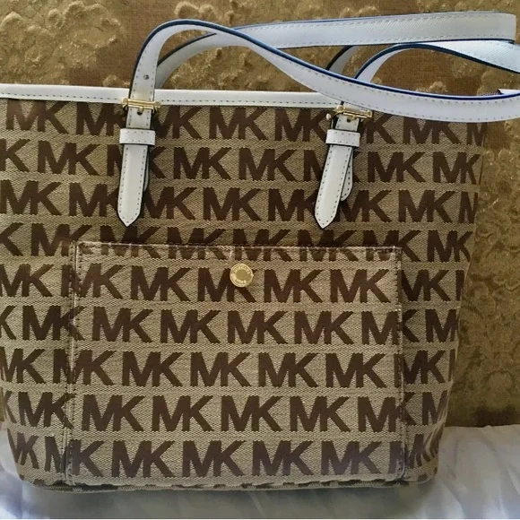 Michael Kors Brown Signature bag Monogram Tote Gold Hardware and White Trim NEW - Picture 12 of 13